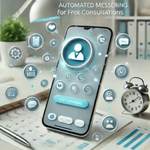 Image d’un smartphone affichant une interface de chat automatisé professionnel, entouré d’icônes représentant la planification et la communication.