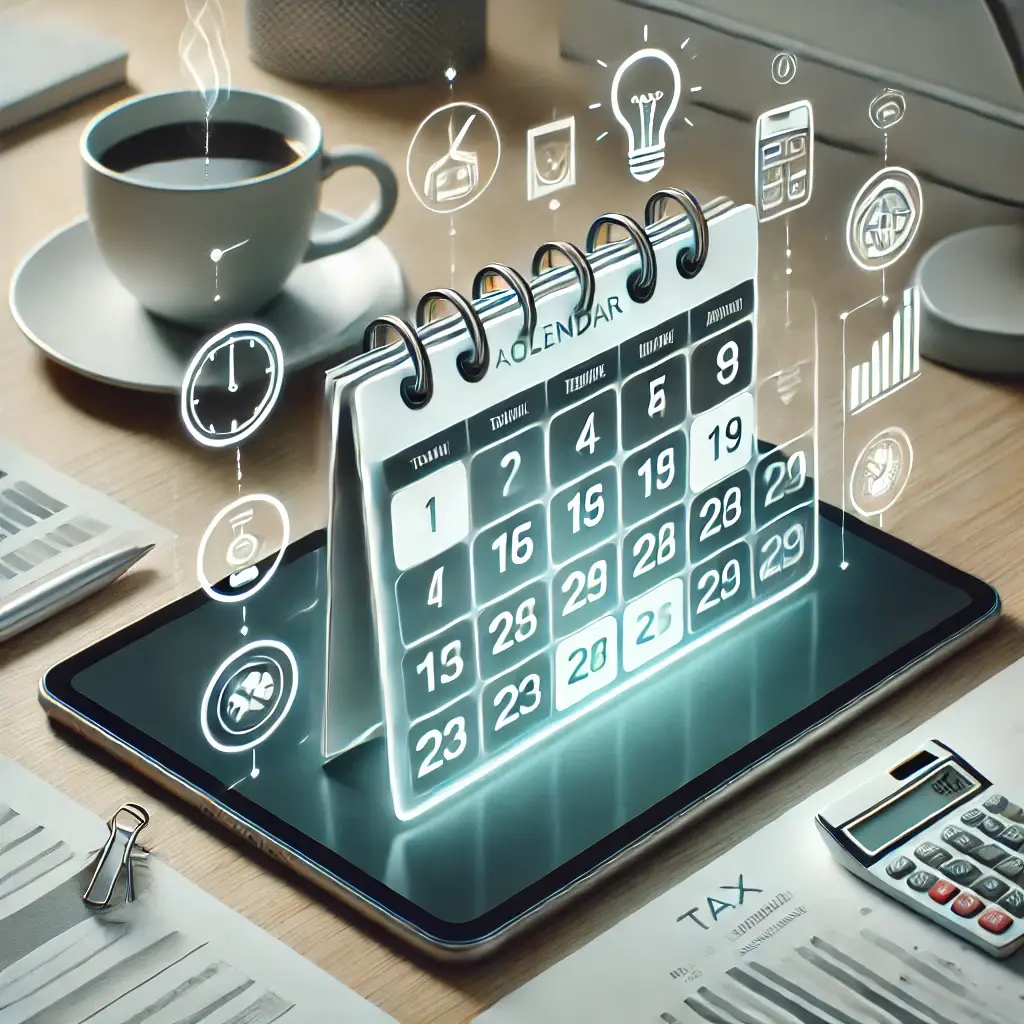 Image d’une tablette affichant un calendrier de publications de conseils fiscaux, entourée d’icônes représentant des conseils et de la planification, avec un bureau professionnel en arrière-plan.