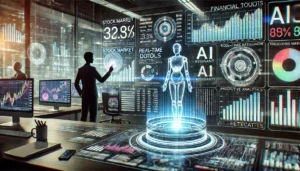 Un analyste financier futuriste utilisant des outils d'intelligence artificielle sur un grand écran numérique affichant des tendances boursières, des données en temps réel et des analyses prédictives dans un bureau high-tech.